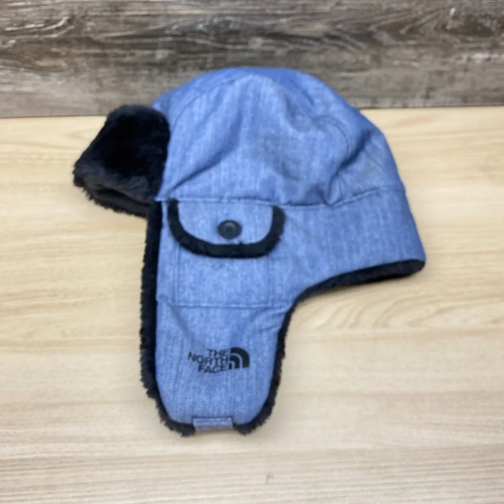 The North Face Hat Cap Trapper Blue Black Denim Faux Fur Ear Flap Winter Outdoor